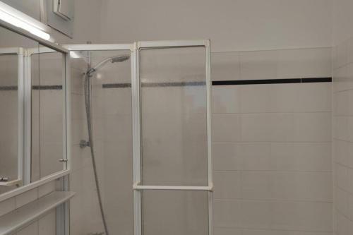 une douche avec une porte vitrée dans une salle de bain dans l'établissement Inselblume 59 - Moderne Ferienwohnung mit Meerblick, à Burgtiefe auf Fehmarn 