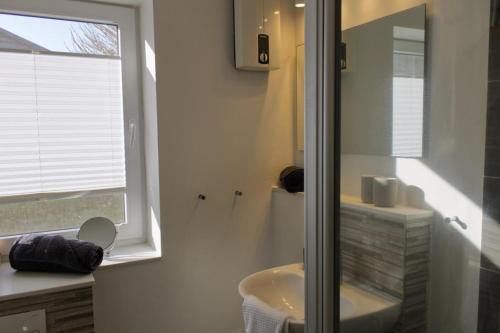 a bathroom with a shower and a sink at Inselblume 35 - Moderne Ferienwohnung in Neue Tiefe in Neue Tiefe Fehmarn