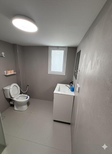a bathroom with a toilet and a sink and a window at Ussishkin Penthouse in Netanya