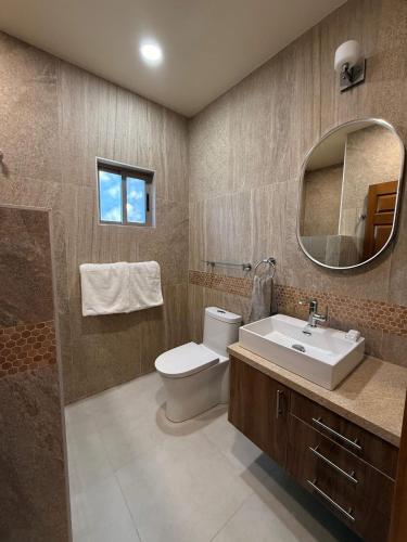 a bathroom with a toilet and a sink and a mirror at Posada de Amparo in Casas Grandes