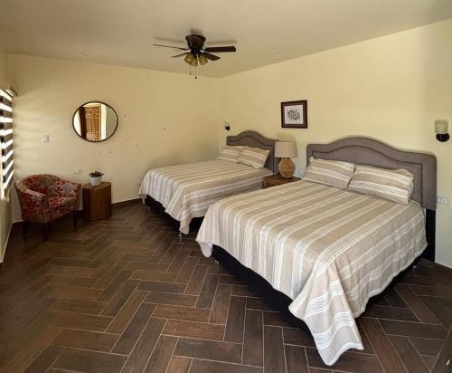 a bedroom with two beds and a ceiling fan at Posada de Amparo in Casas Grandes