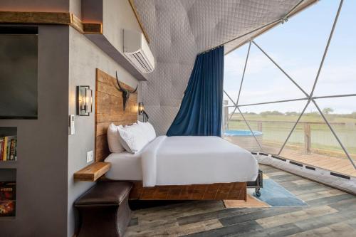 a bedroom with a bed and a large window at Luxury Glamping Dome on Texas Farm in San Marcos
