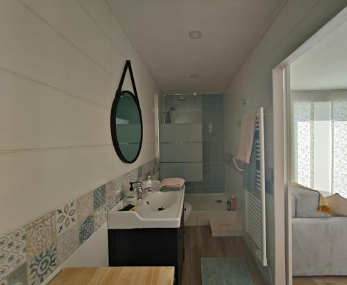 ピエルフ・デュ・バールにあるChambres d'hôtes au temps des cerisesの洗面台、鏡、浴槽のあるバスルーム