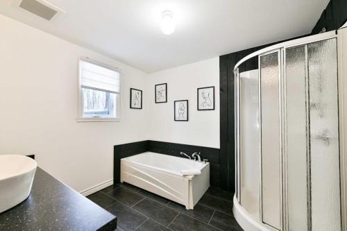 ein Badezimmer mit Badewanne, Waschbecken und Dusche in der Unterkunft Domaine Des Montagnais - Suite Astro 1 in Notre-Dame-Des-Bois