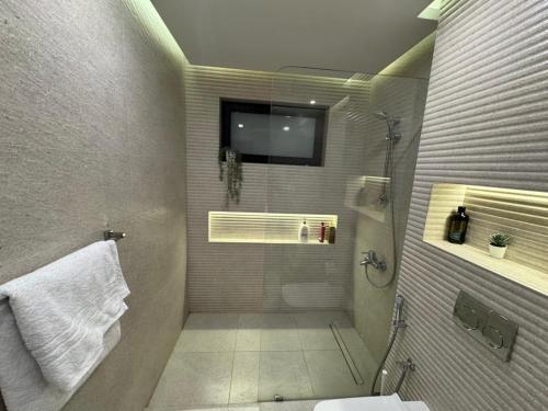 a bathroom with a shower with a toilet and a sink at Charming Apartment - Near Cairo Airport in Cairo