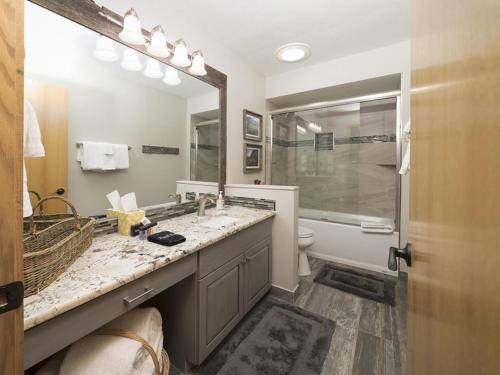 a bathroom with a sink and a toilet and a mirror at Luxury By The Lake in Dillon