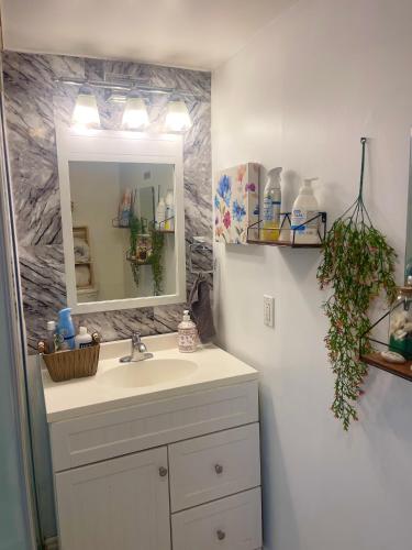 a bathroom with a sink and a mirror at Spacious Basement Lower Suite 3BR Home Stay 1 King 2 Queen Beds 2 Car Parkings FIFA 2026 in Pickering