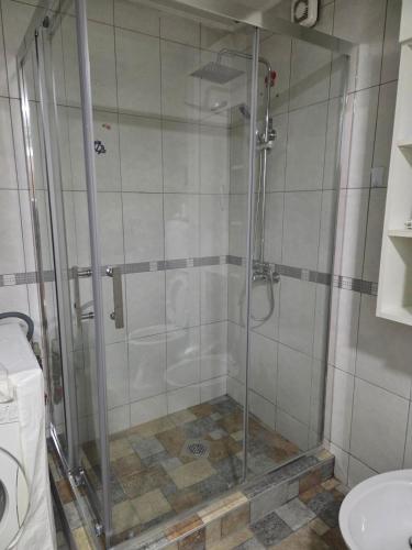 una doccia con una porta in vetro in un bagno di Apartment B a Skopje