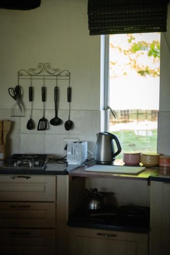 a kitchen with a stove and utensils on the wall at Blackbrook Farm Underberg in Underberg