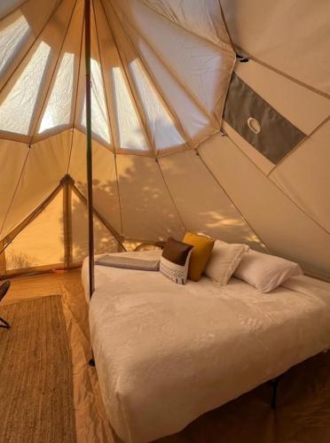 Un dormitorio con una cama en una tienda de campaña. en Starlight Olympic Glamping, en Port Angeles