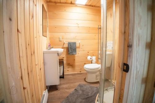 Un baño pequeño con inodoro y lavabo. en The Hobbit tiny house dogfriendly, en Saint-Alexis-des-Monts