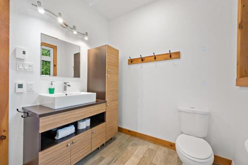 a bathroom with a white sink and a toilet at Laurentides Scandinavian Chalet with Jacuzzi and Lake in Sainte-Lucie-de-Doncaster