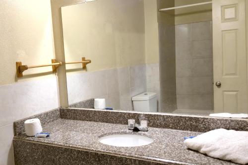a bathroom with a sink and a mirror at Cole Manor Motel By OYO Love Field Market Center in Dallas