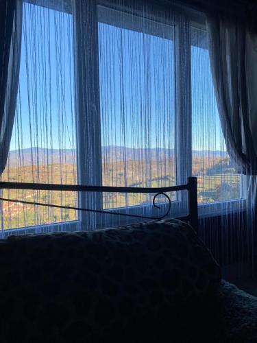 a bedroom with a bed in front of a large window at Panorama Lupilor in Coleşti