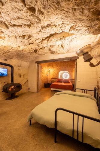 een slaapkamer met twee bedden in een grot bij Le Cavernacle in Montrichard