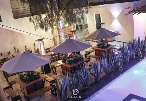 an overhead view of a restaurant with tables and umbrellas at Aldea Express in San Juan Teotihuacán