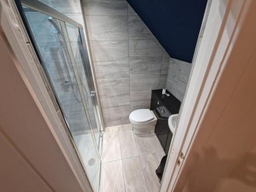 エディンバラにあるEdinburgh West Luxury 5 Bedroom Homeのシャワーとトイレ付きの小さなバスルーム