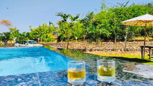 two glasses of beer sitting on a table next to a swimming pool at Sayar Bagh Jawai in Nāna