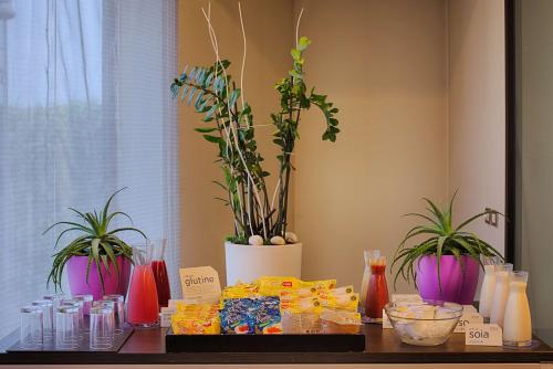 a table with drinks and plants in vases at NH Linate in Peschiera Borromeo