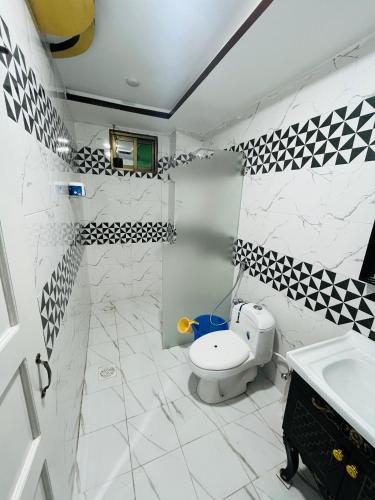 a bathroom with a white toilet and a sink at HR Guest House in Gilgit
