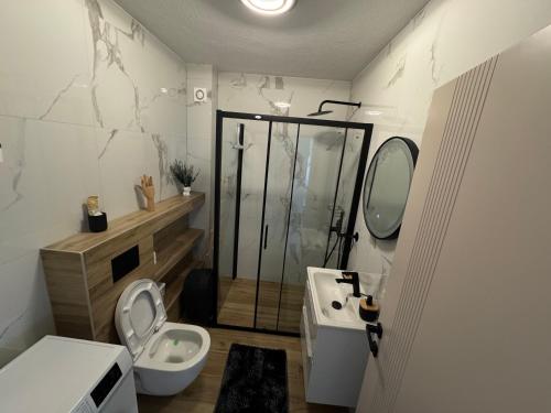 Un baño con ducha, inodoro y lavabo. en Apartman I&I, en Kiseljak