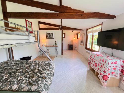 a bedroom with a bunk bed and a tv at La petite chambre in Mosnay