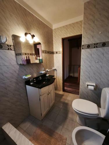 a bathroom with a sink and a toilet and a mirror at Alpino Mitre in Mar de Ajó