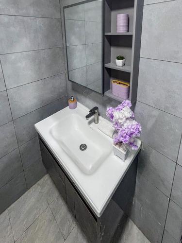 a bathroom with a sink and a mirror at Urban Shell Retreat- Kileleshwa in Nairobi