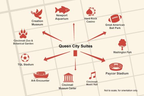 a map of the current city sites at Queen City Suites 1 - For 3 in Cincinnati