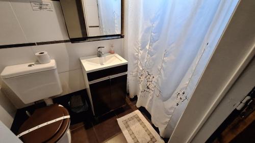 a small bathroom with a toilet and a sink at Las Acacias Refugio in La Falda