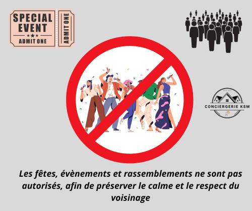 un panneau indiquant un événement interdit à la piscine avec un groupe de personnes dans l'établissement Studio Himalaya-Au coeur de la ville, à Palaiseau