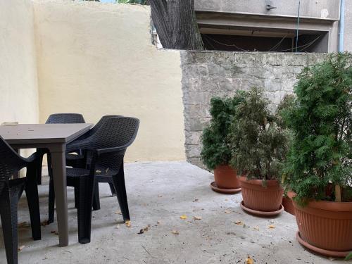 a patio with a table and chairs and potted plants at Vintage Room in private house in Bucharest