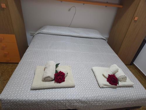 Una cama con dos toallas y dos rosas. en Casa Nanà Beach, en Lido Adriano