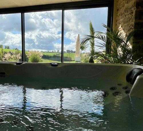 a bath tub with water in a room with a window at Maison de Lacam in Castanet