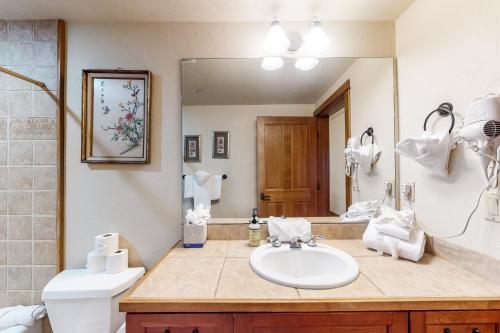 a bathroom with a sink and a toilet and a mirror at Oro Grande 216 in Keystone
