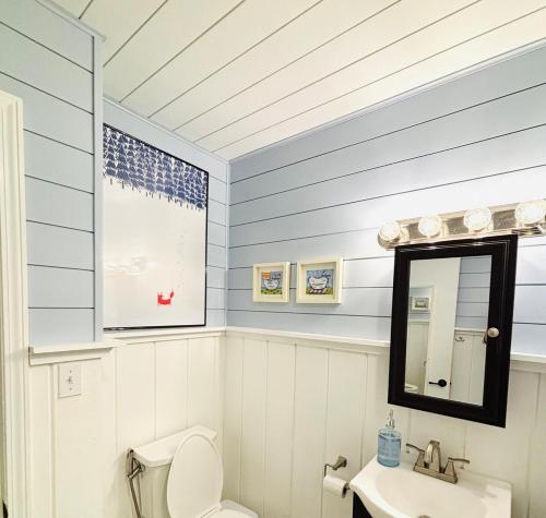 a bathroom with a white toilet and a sink at Entire home, 6 min drive to UIUC in Champaign