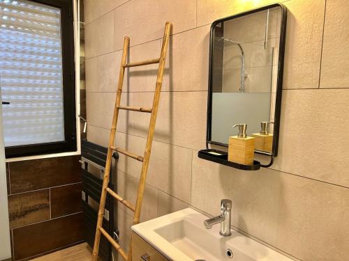 a bathroom with a mirror and a sink at Studio centre Ville Lorient 3 4pers tout équipé in Lorient