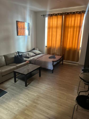 a living room with a couch and a coffee table at New May Apartment in Staré Mesto