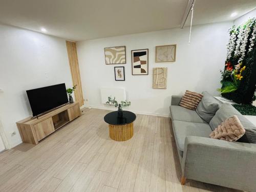 a living room with a couch and a flat screen tv at Le Petit Bourcain in Bourg-lès-Valence