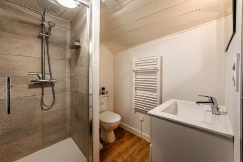 a bathroom with a shower and a sink and a toilet at Duplex L'atelier Cosy en plein centre de Mordelles in Mordelles