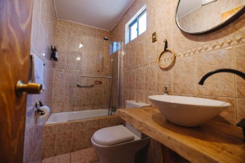 a bathroom with a sink and a toilet and a mirror at Lodge Don Julio in San Pedro de Atacama