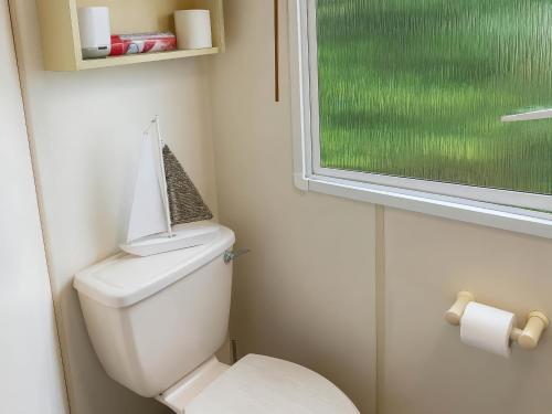 a bathroom with a white toilet and a window at Brynowen Holiday Park - Holiday Accommodation 19041 in Borth