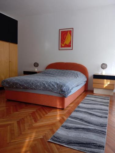 a bedroom with a bed and a rug at MAM apartmani in Bosanski Brod