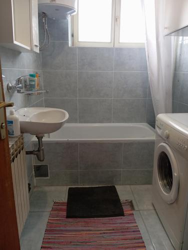 a bathroom with a sink and a washing machine at MAM apartmani in Bosanski Brod