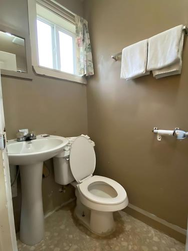 a bathroom with a toilet and a sink and a window at Tacoma Center Motel in Tacoma