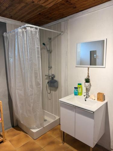 Un baño blanco con ducha y lavabo. en Villa La Cruzanelle, en Sainte-Rose