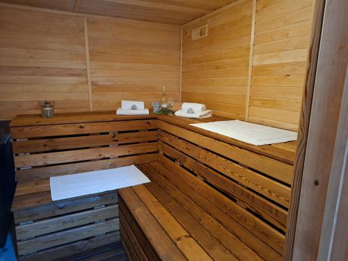 a wooden sauna with two beds in it at Ferienwohnung Waldblick in Deutschneudorf