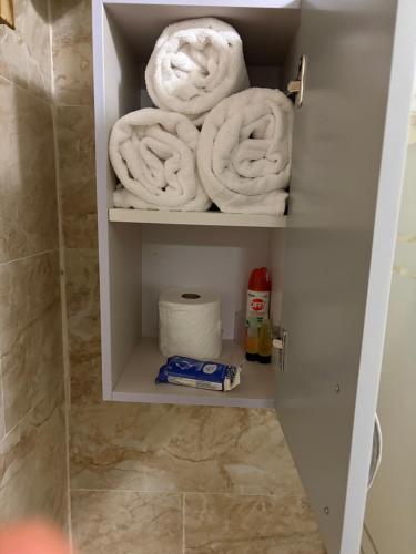 a cupboard with towels and toilet paper in a bathroom at Cocobeach Cabin no pets allowed in Rio Grande