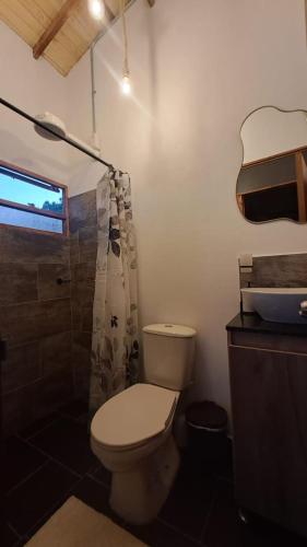 a bathroom with a toilet and a shower at Glamping La Villa in Guatavita