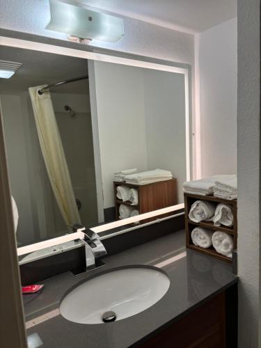 une salle de bain avec un lavabo et un grand miroir dans l'établissement Econo Lodge Yazoo City, à Yazoo City